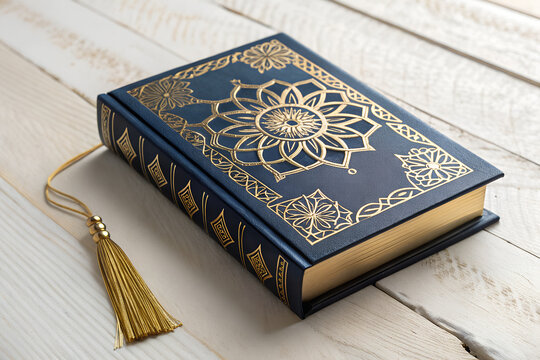 The holy quran with gold ornamental cover and tassel bookmark, religion