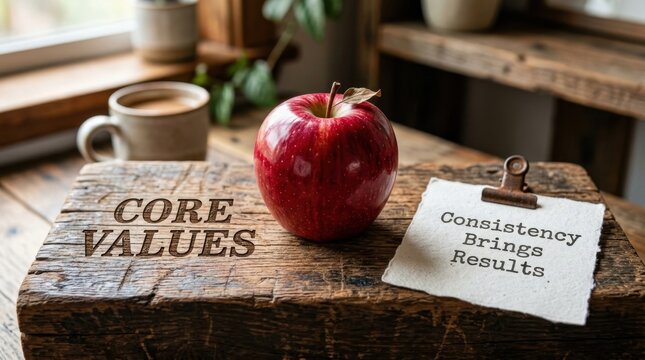 Vibrant red apple sits on rustic wood engraved with core values and a motivational note about consistency and results, perfect for business ethics and personal growth inspiration in a cozy home