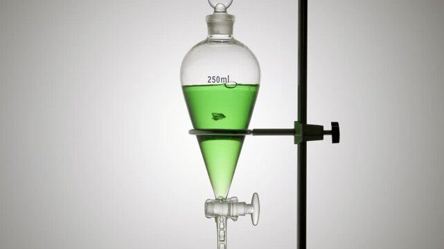 Full-frame close-up of transparent green liquid draining from a separatory funnel dripping through the opened valve and causing rising bubbles inside on a smooth grey ramp backdrop