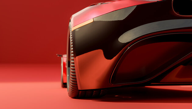 Close-up of a red vehicle's wheel and fender on a matching red