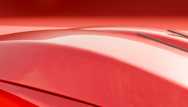 Close-up of a shiny red car hood with windshield wipers and glossy