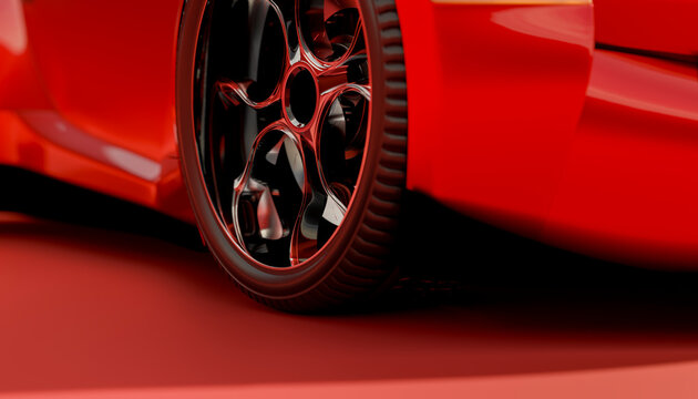 Close-up of a red vehicle wheel showcasing tire and rim detail