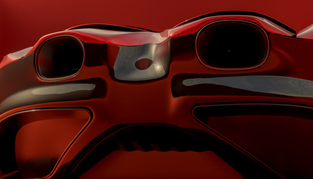 Close-up front view of a red vehicle with shiny headlights and grill