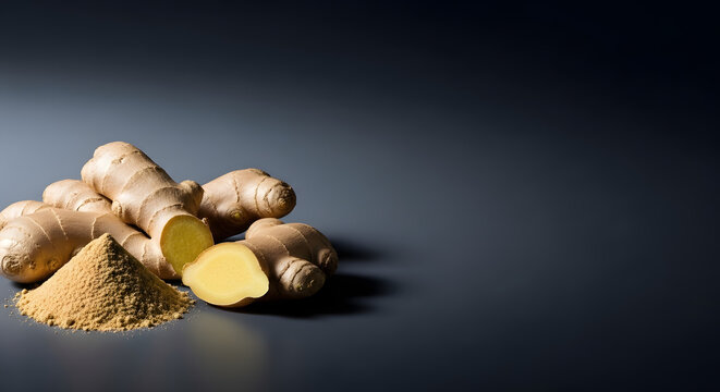 Fresh ginger root and powder on dark background 1.