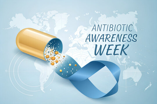 Antibiotic awareness week banner with medical capsule and blue ribbon, awareness