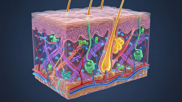 Detailed three-dimensional skin structure showing follicles, glands, nerves, and blood vessels.