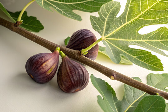 Fresh ripe purple figs on a branch with green leaves nutrition ingredient