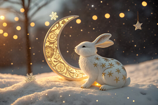 White rabbit statue with golden stars and glowing crescent moon in snow