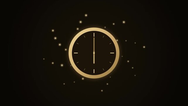 Elegant golden clock with glowing particles on black background