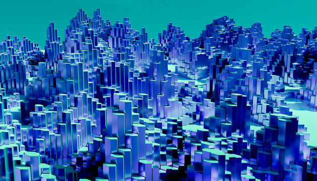 Abstract digital landscape made of blue hexagonal 3d columns