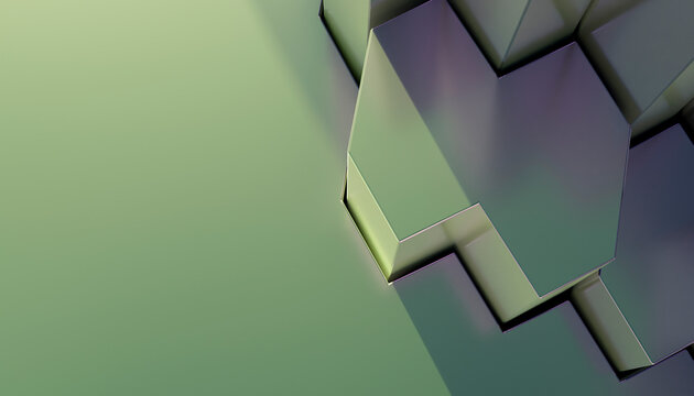 Closeup of abstract 3d metallic hexagons on a green background