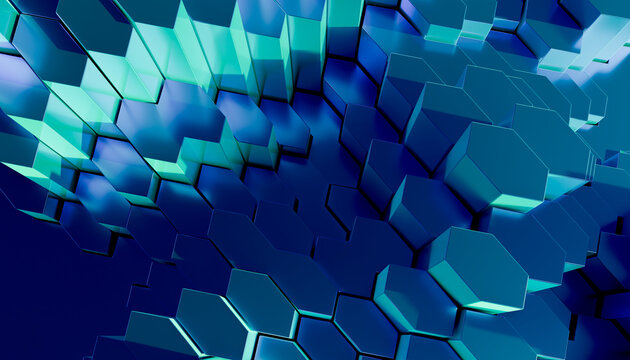Close-up of 3d hexagon pattern abstract design with blue and green