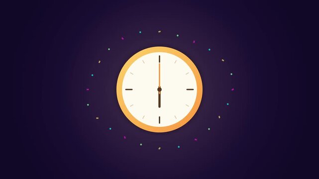Orange analog clock with rotating hands on dark purple background