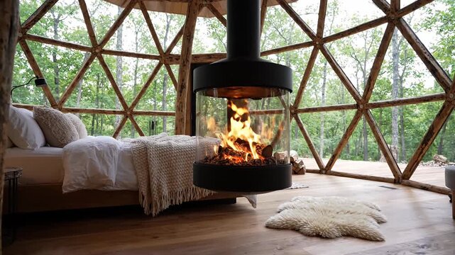 Geometric dome cabin bedroom with central fireplace.