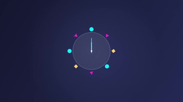 Abstract clock assembling from geometric shapes on dark blue