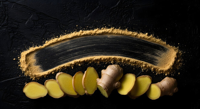Fresh ginger root slices arranged in a curve.