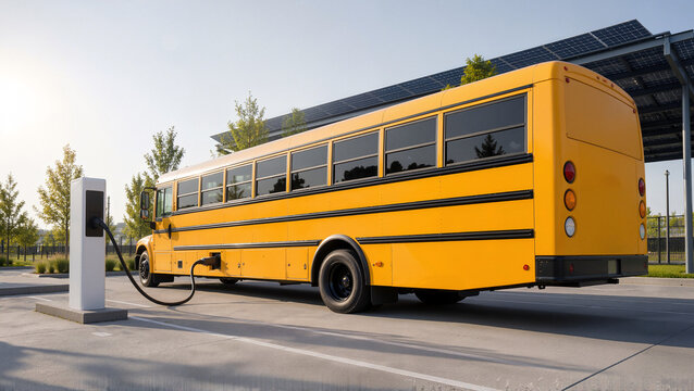 Electric school bus charging at station with sunlight shining on vehicle and surrounding greenery. School bus is parked and plugged into electric charging station, ready for energy-efficient journeys.