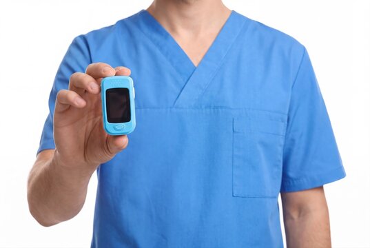 Doctor holding a portable pulse oximeter for blood oxygen level monitoring