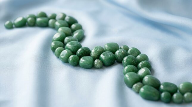 A Strand of Polished Green Aventurine Gemstone Beads on a Light Blue Silky Fabric