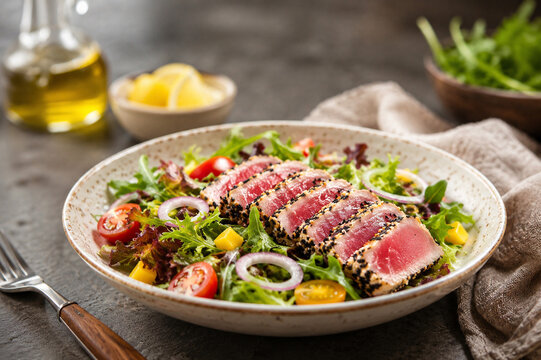 AI generated sesame crusted tuna salad fresh greens tomatoes onion served for healthy dining menus restaurant advertising culinary content food marketing