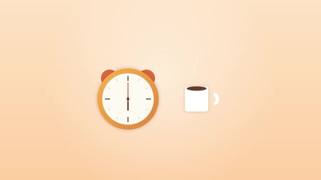 Morning routine animation of alarm clock and steaming coffee mug