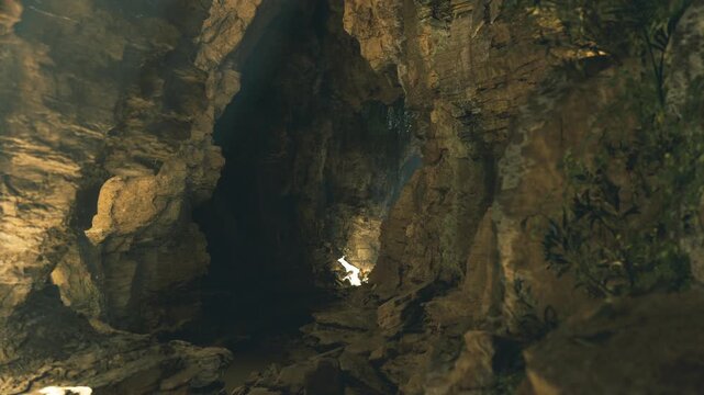 Hang son doong sunlit cavern entrance reveals deep shadowed walls and single luminous beam falling on limestone ledge, mossy crevices, humid air and silent echo