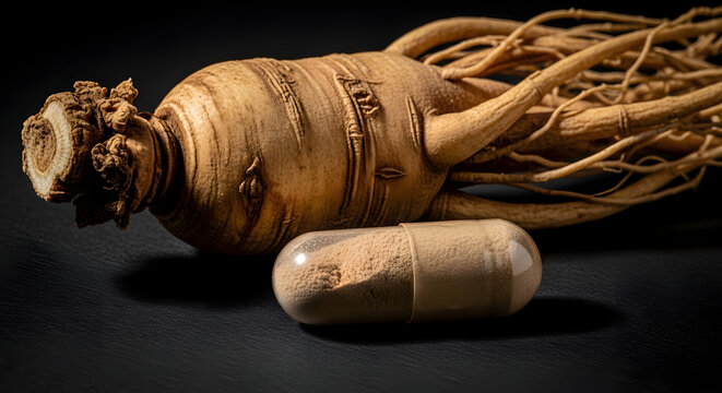 Fresh ginseng root with sliced piece on dark background.