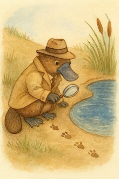 Charming detective animal wearing deerstalker hat studying mysterious footprints