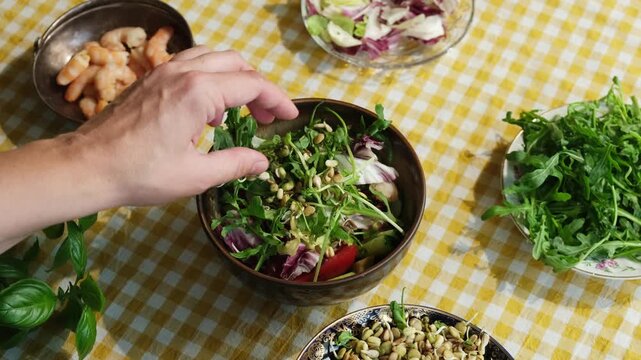 Preparing healthy dinner or breakfast. Hand adding bean sprouts to summer salad. 