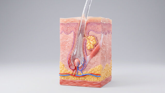 Medical 3D illustration showing hair follicle anatomy, glands, and layered skin tissue.