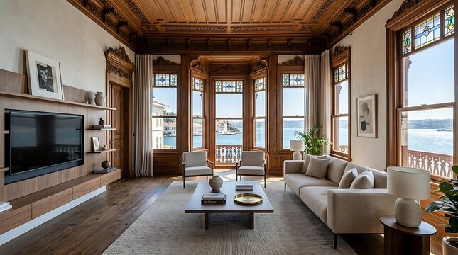Waterfront Ottoman Mansion Lounge with Stained Glass and Bosphorus Sea View