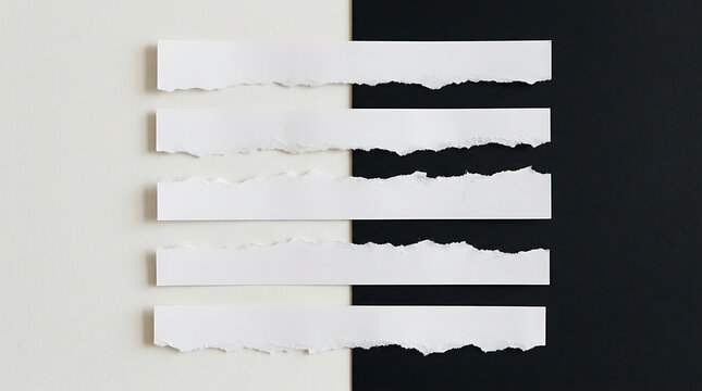 Five torn white paper strips on a split black and white background with background