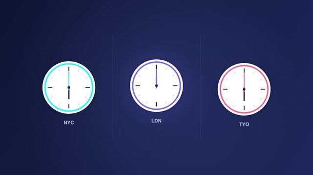 Three world clocks representing global time zones