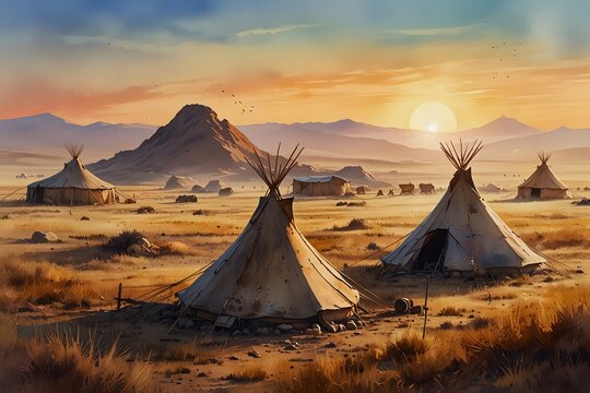 A traditional nomadic camp setup at dawn