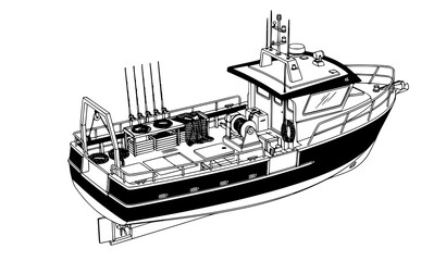 Modern Fishing Vessel 3D Black White Isolated Boat Illustration © Asif