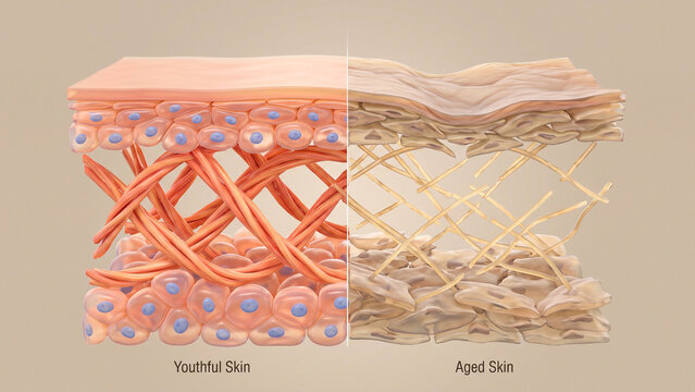 Medical comparison illustrating structural differences between youthful and aged skin tissue.