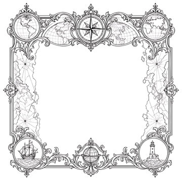 ornate antique nautical map frame, vintage nautical frame, antique map border, decorative map frame, ornate cartography frame, nautical border design, vintage maritime frame, antique compass frame, ol