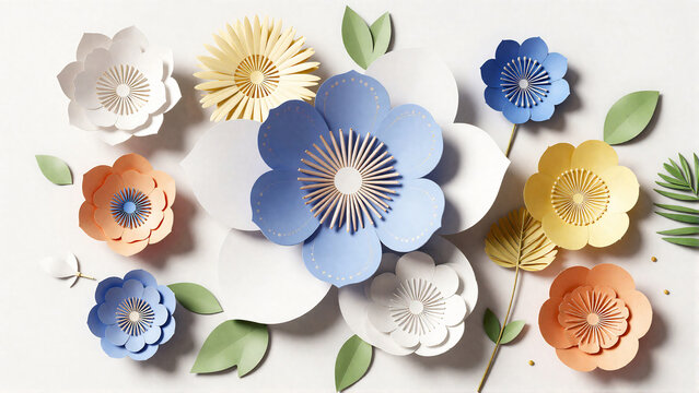 Vibrant Paper Flowers and Leaves Arrangement for Craft Projects