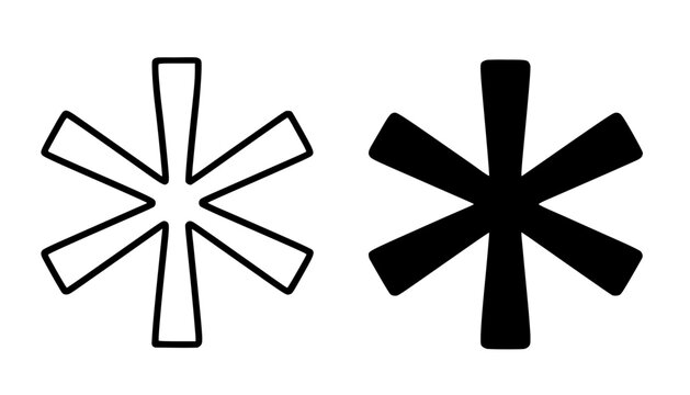 Arterisk symbol icon in outline and silhouette style, for UI/UX app design