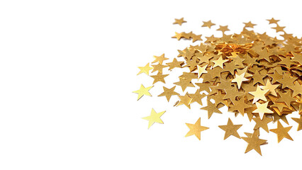 Scattered shiny gold star shaped confetti holiday party decorations isolated on transparent background © Pavel
