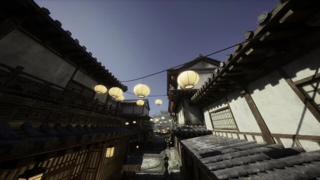 Golden dawn market artisan tying lanterns, ridge rooftops bathed in haze, paper strings fluttering above path, ornate timber details and textured facades, quiet