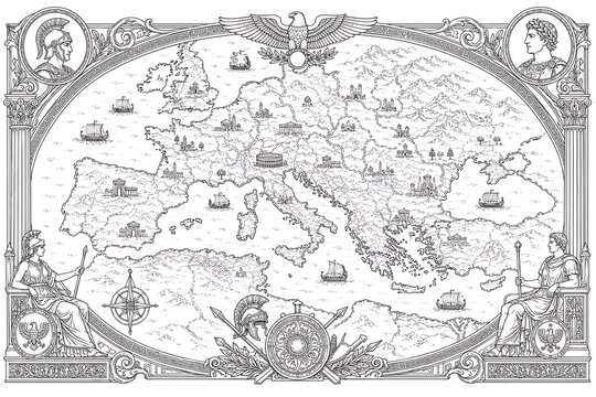 ornate engraved map of the Roman world, ancient Roman world map, Roman Empire map, antique Roman map, vintage Roman map, Roman Empire cartography, ancient Rome geography, classical cartography, engrav