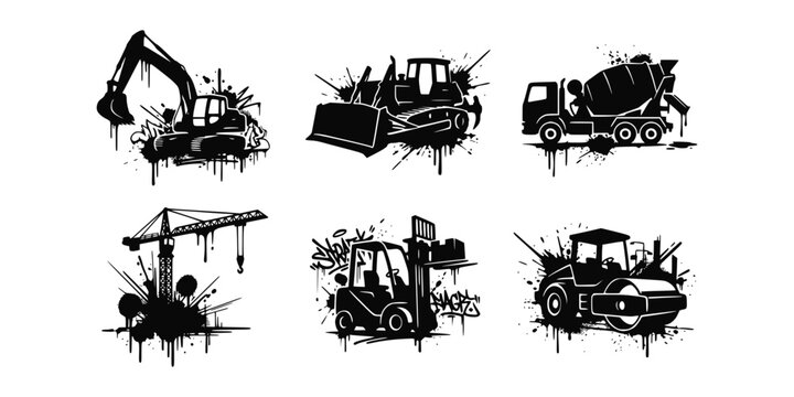 Set of black construction vehicle silhouettes with artistic ink splatter