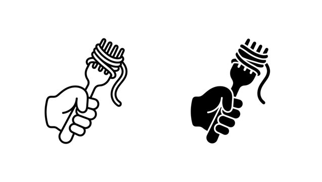 Hand holding a fork with spaghetti pasta icon set