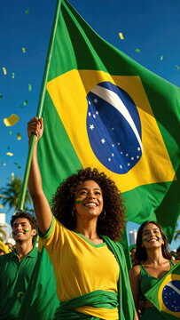 Woman holding flag of Brazil during Independence Day celebration. Group of happy people waving national banner. Festive parade, patriotic event, cheerful supporter, South American culture.