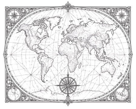 ornate vintage world map chart line art, vintage world map, antique world map, world map line art, ornate cartography, vintage cartography, antique atlas, engraved world map, historical map illustrati
