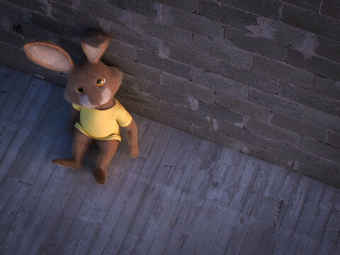 Abandoned bunny sitting alone in backyard