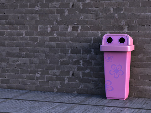 Pink dustbin with floral design, 3D Rendering