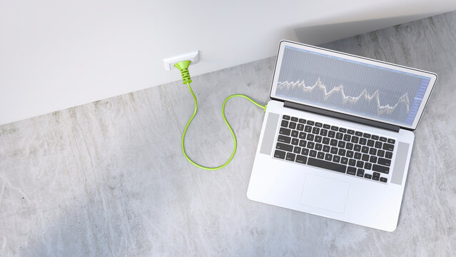3D Rendering, Laptop with green cable, clean energy