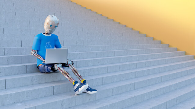 Robot sitting on stairs using laptop, 3d rendering